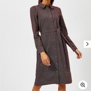 A.P.C. Coco Lie de Vin Midi Shirt Dress Burgundy White Stripe Long Sleeve XS